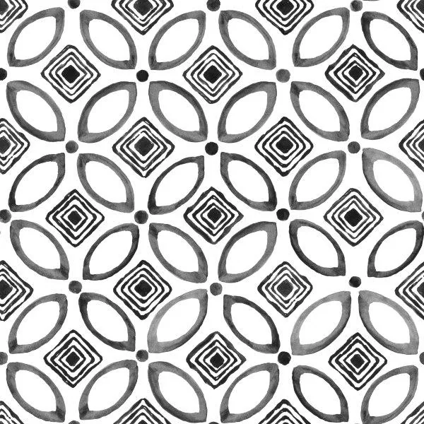 Repeating black and white geometric pattern with oval petal shapes and concentric diamond designs