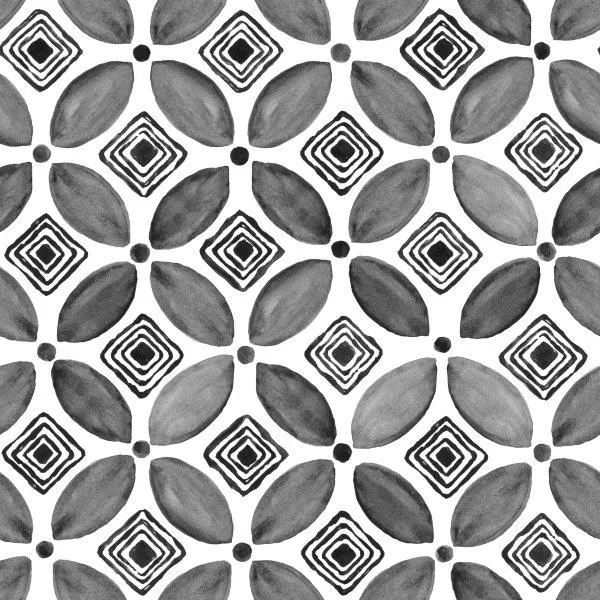 Repeating grayscale pattern of concentric diamonds and four-petal leaf shapes arranged in a geometric grid.