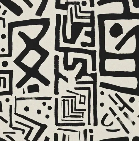 Black and cream abstract geometric pattern with tribal symbols, crosses, and irregular shapes in a repeating design.