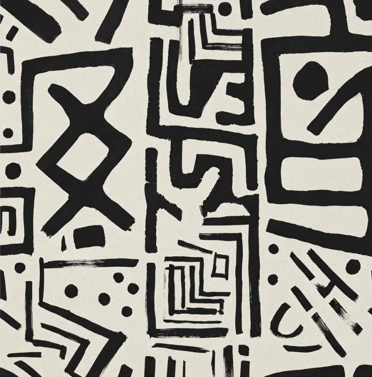 Black and cream abstract geometric pattern with tribal symbols, crosses, and irregular shapes in a repeating design.
