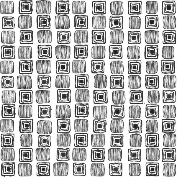 Repeating pattern of concentric square tiles alternating with vertical wood-grain texture in black and white