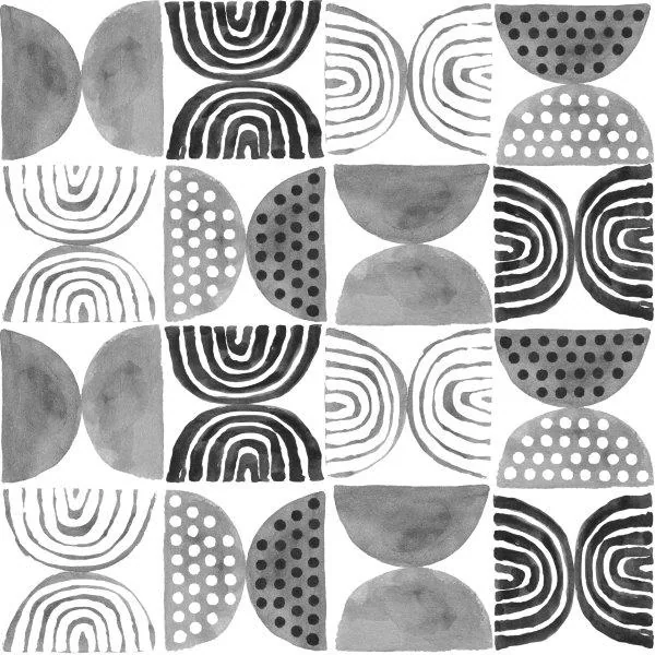Black and white geometric pattern with semicircles, concentric lines, and polka dot textures arranged in a repeating grid.