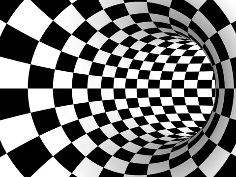 Black and white checkerboard pattern distorted into a hypnotic 3D tunnel perspective with depth