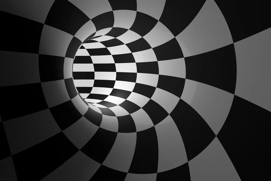 Black and white checkered spiral pattern creating 3D tunnel effect with radial symmetry