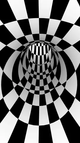 Black and white checkerboard pattern spiraling into a 3D tunnel with geometric depth and shading effects