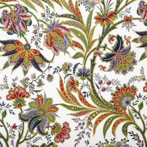 Ornate boho floral wallpaper with purple, red, and gold flowers on cream background