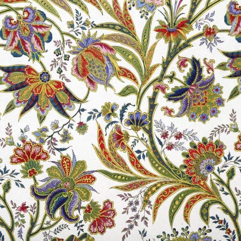 Ornate boho floral wallpaper with purple, red, and gold flowers on cream background