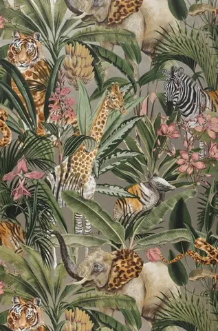 Repeating pattern of giraffes, zebras, tigers and leopards amid tropical plants, palm leaves and pink flowers on a neutral background.