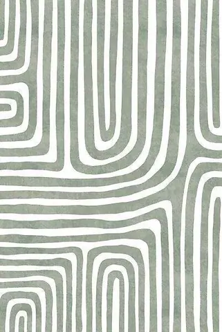 Repeating pattern of curved parallel lines forming nested rectangular mazes in sage green and white