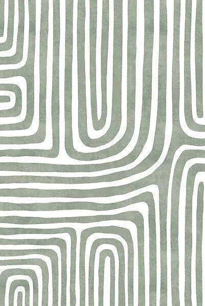 Repeating pattern of curved parallel lines forming nested rectangular mazes in sage green and white