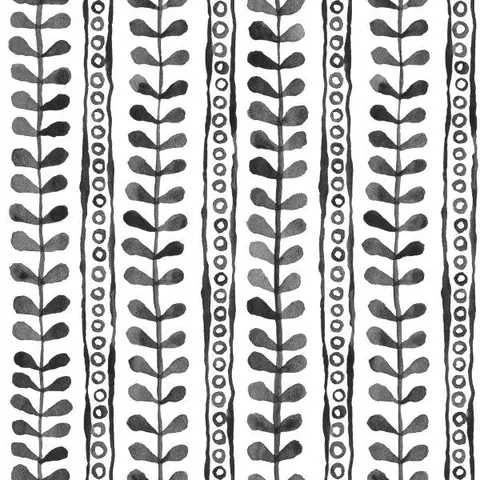 Black and white repeating vertical pattern of stylized leaf stems alternating with dotted lines.