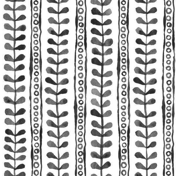 Black and white repeating vertical pattern of stylized leaf stems alternating with dotted lines.