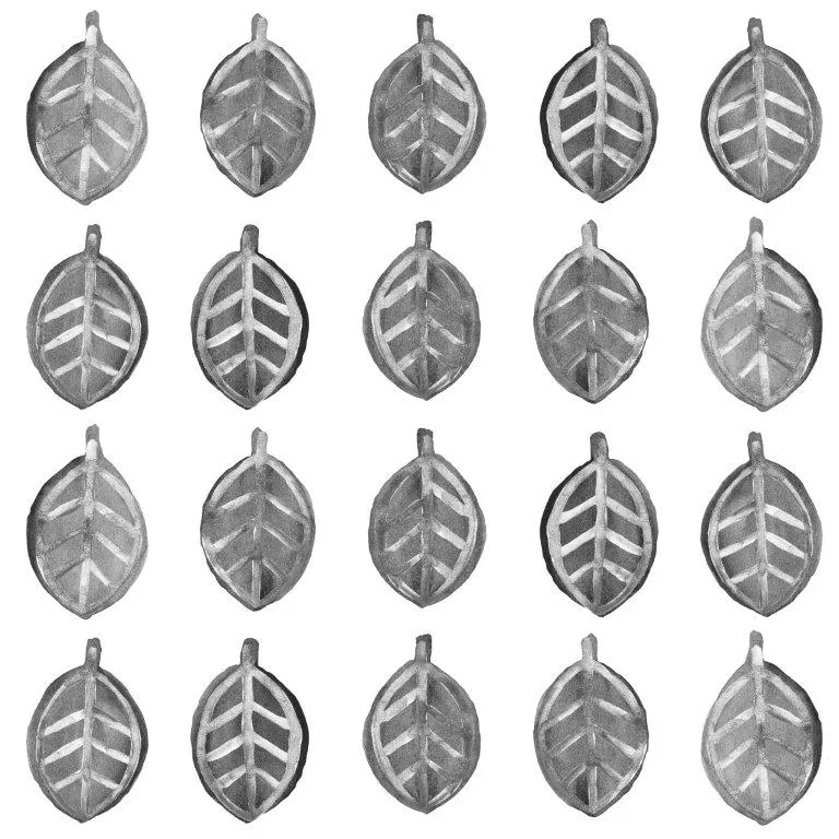 Repeating pattern of 20 grey leaf designs with detailed vein textures arranged in a grid.