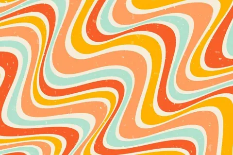 Retro wavy stripes in coral, yellow, mint green and cream flowing across the surface in organic curves