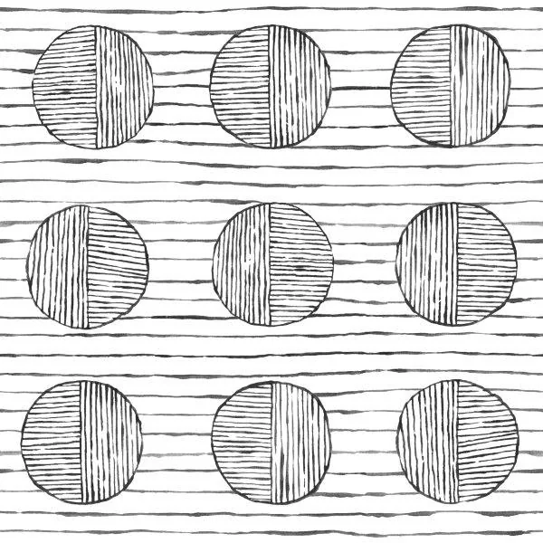 Repeating pattern of six circles with vertical line hatching on horizontal wood texture background