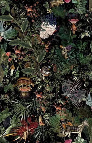 Dense botanical pattern with colorful birds, flowers, ferns, and decorative urns on dark background