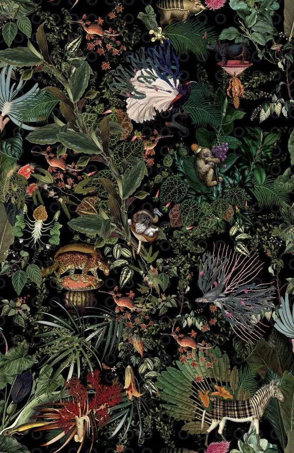 Dense botanical pattern with colorful birds, flowers, ferns, and decorative urns on dark background