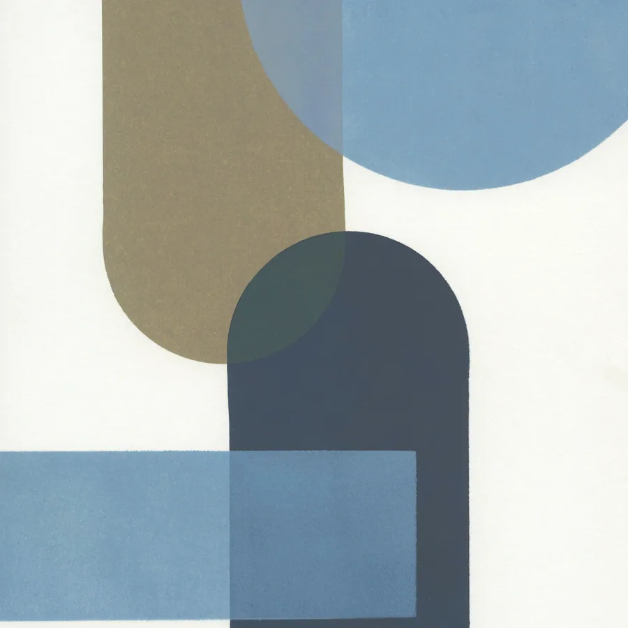 Abstract geometric design with overlapping circles and curved shapes in blue, sage green, and dark charcoal on cream background.