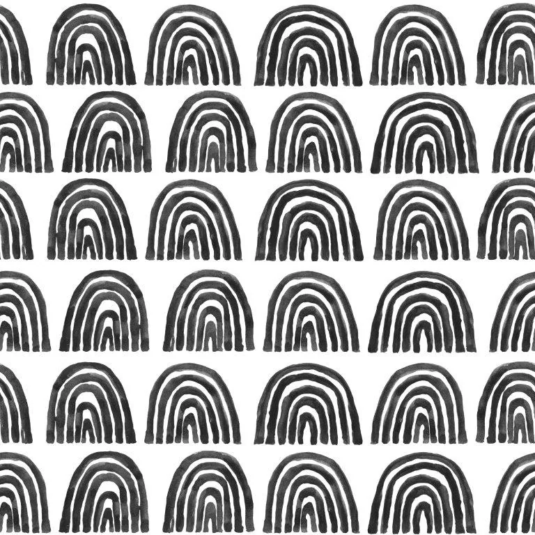 Repeating pattern of nested black and white concentric arches in rows