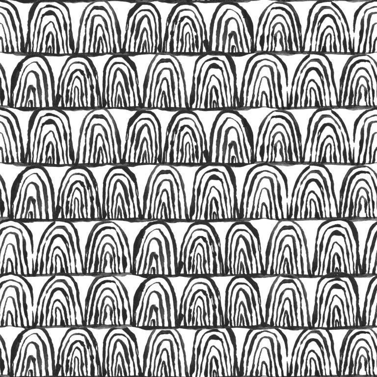 Repeating pattern of nested semicircular arches in black and white creating a rhythmic, wave-like texture.