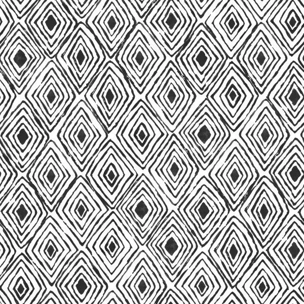 Black and white repeating pattern of nested diamond shapes with geometric line work