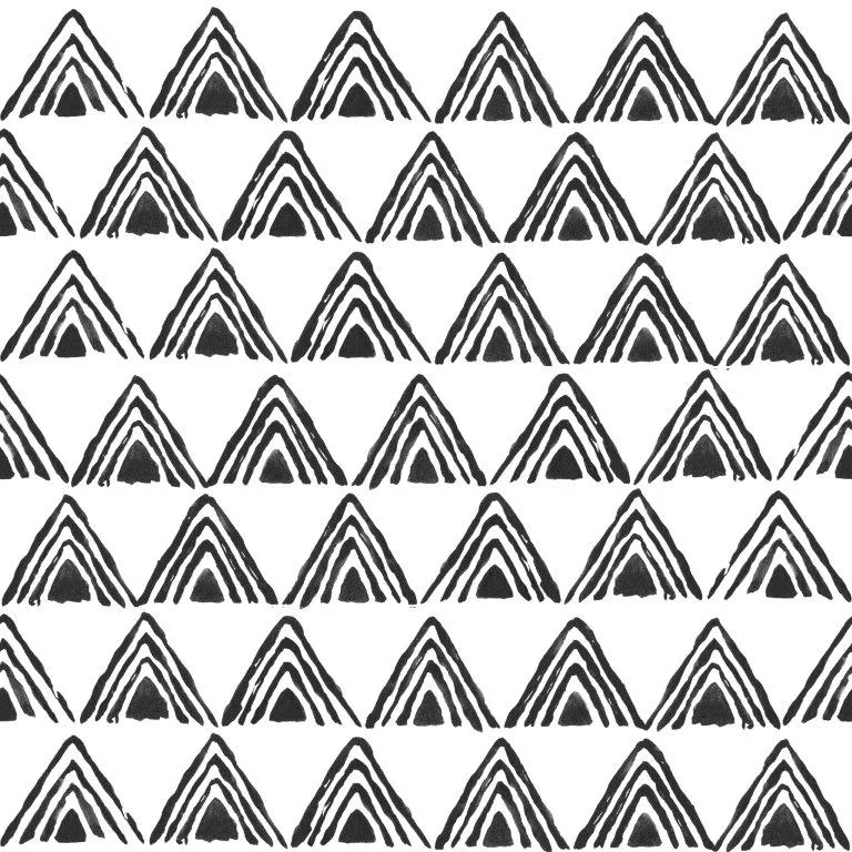 Repeating pattern of nested black triangle mountains with concentric line details on white background