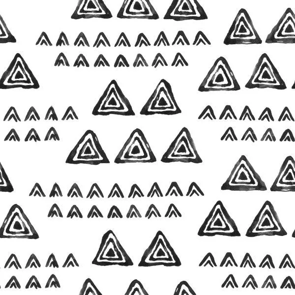 Repeating pattern of nested geometric triangles in black and white with organic, hand-drawn texture.