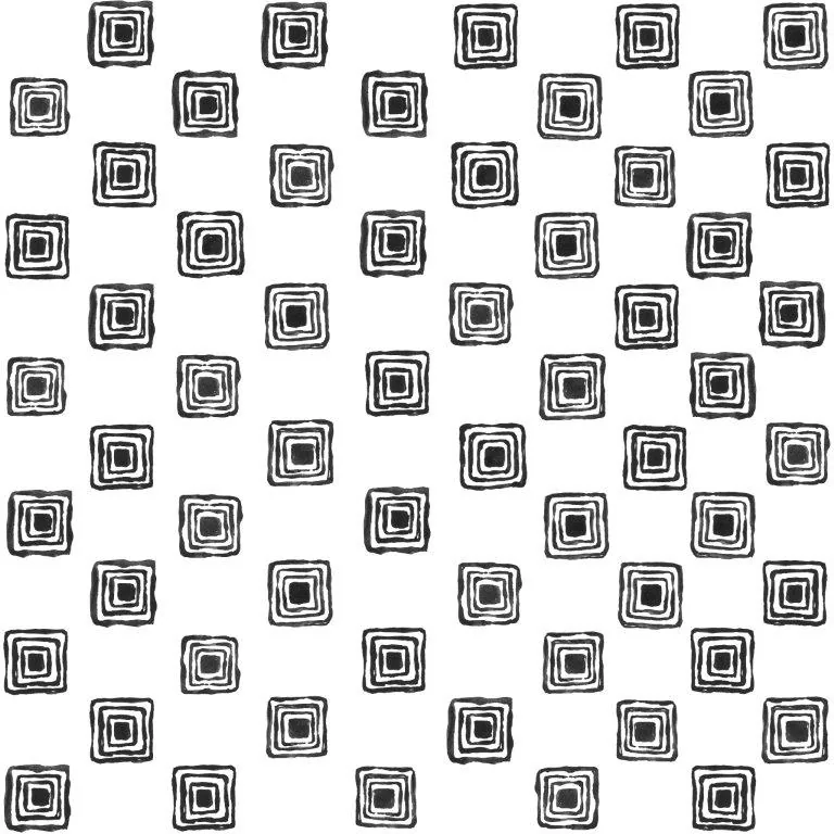 Repeating pattern of hand-drawn nested square shapes in black and white with organic, slightly irregular lines.