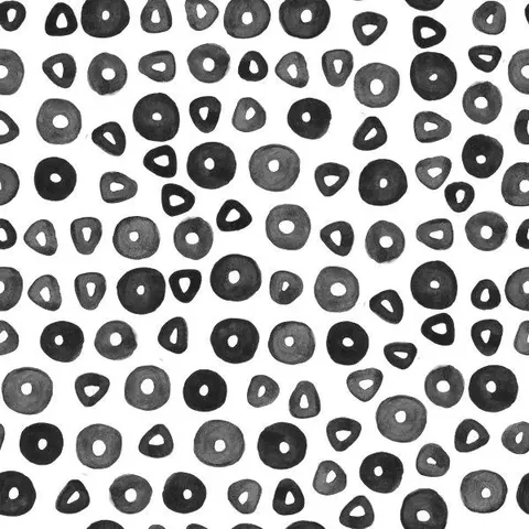 Repeating pattern of black and gray hand-drawn circles and teardrop shapes on white background