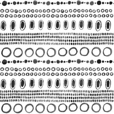 Repeating black and white pattern of circles, dots, and organic shapes in horizontal bands