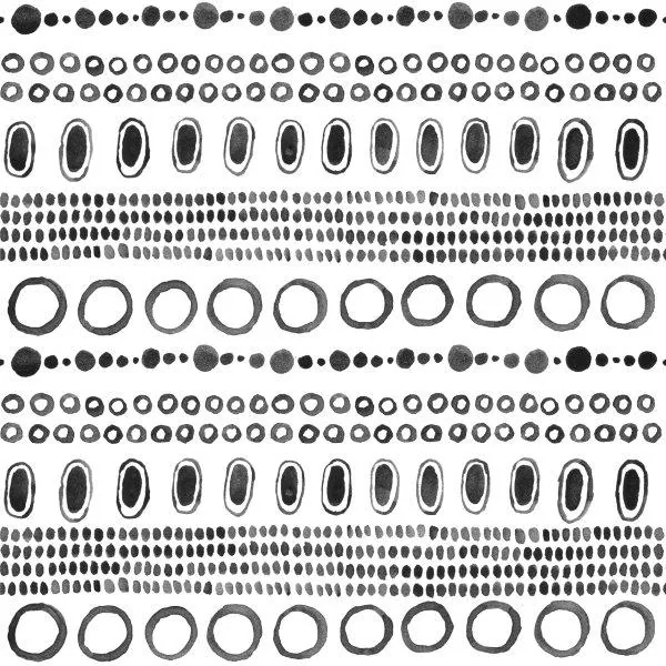 Repeating black and white pattern of circles, dots, and organic shapes in horizontal bands