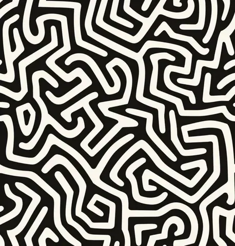 Black and white repeating pattern of organic curved maze lines forming continuous flowing shapes