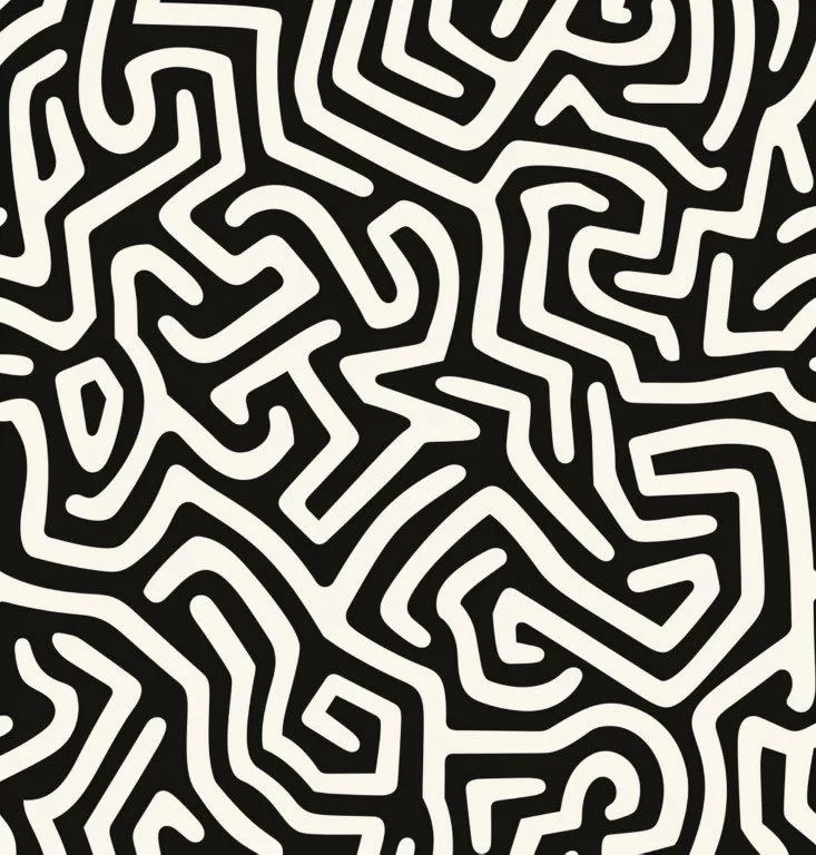 Black and white repeating pattern of organic curved maze lines forming continuous flowing shapes