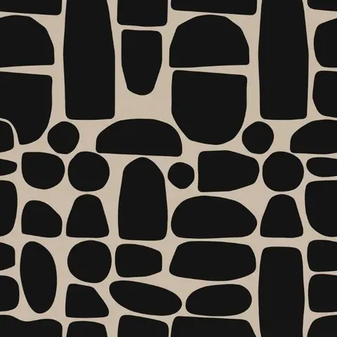 Repeating pattern of abstract black pebbles and rounded shapes on cream background