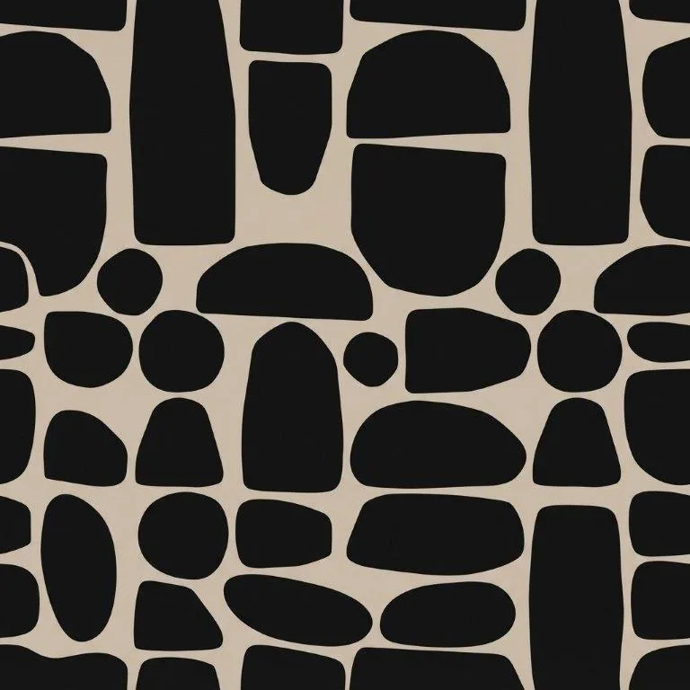 Repeating pattern of abstract black pebbles and rounded shapes on cream background