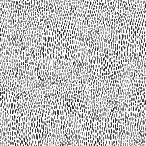 Repeating pattern of organic black and grey raindrop and dash marks on white background