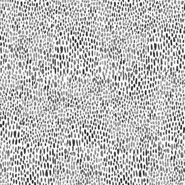 Repeating pattern of organic black and grey raindrop and dash marks on white background