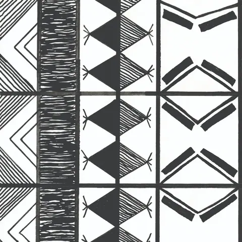Black and white repeating geometric pattern with triangles, chevrons, and woven textures in a tribal boho style.