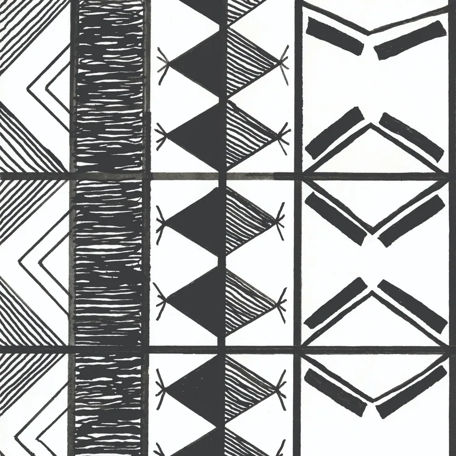 Black and white repeating geometric pattern with triangles, chevrons, and woven textures in a tribal boho style.