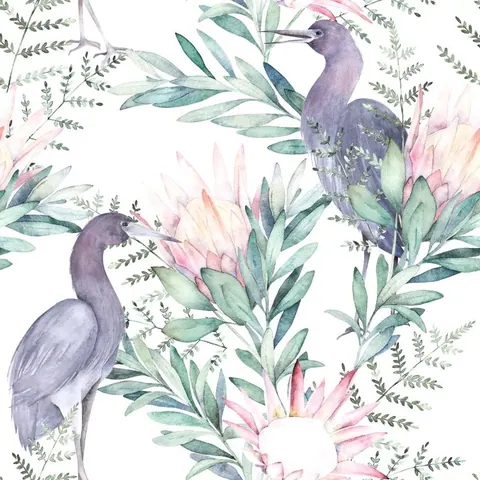 Watercolor peacocks and pink flowers with green leaves on white background