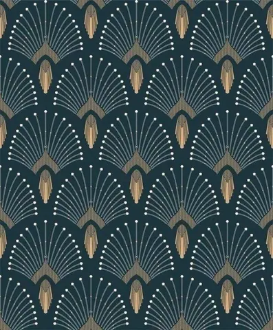 Repeating Art Deco peacock fan pattern in teal with gold accents and white dotted details on dark background