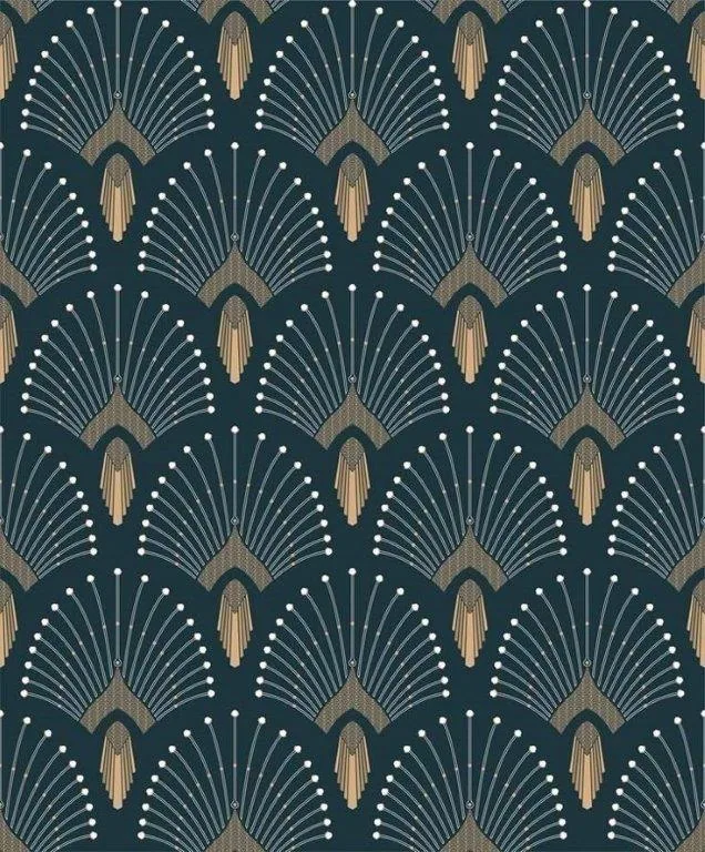 Repeating Art Deco peacock fan pattern in teal with gold accents and white dotted details on dark background