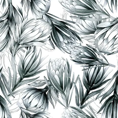 Hand-drawn protea flowers in black and gray ink on white background, botanical line art pattern