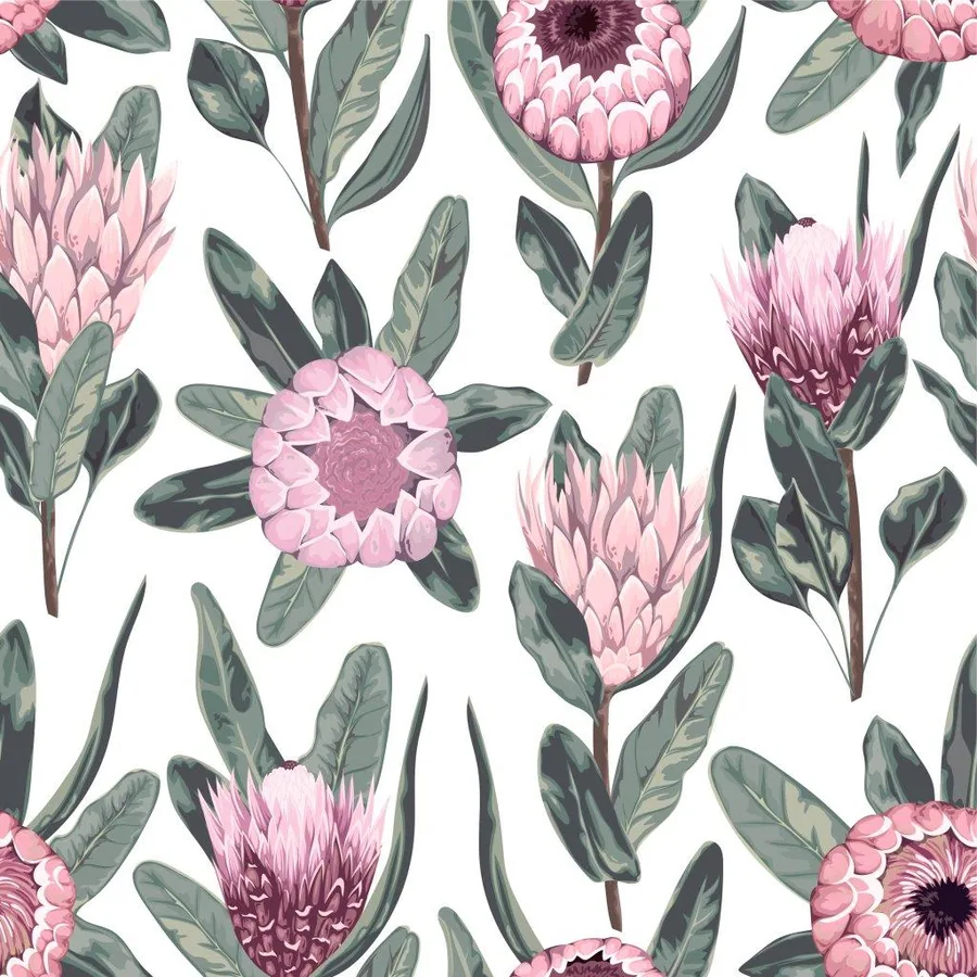 Repeating pattern of pink protea flowers with dark centers and green leaves on white background