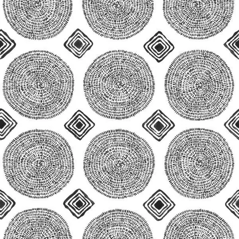 Black and white repeating pattern of concentric circles with geometric diamond accents on a light background