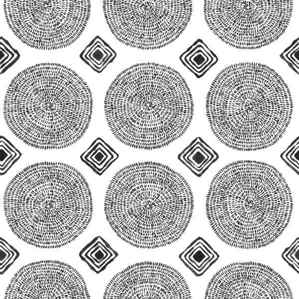 Black and white repeating pattern of concentric circles with geometric diamond accents on a light background
