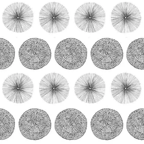 Repeating black and white pattern with alternating radiating circles and dotted mandala designs