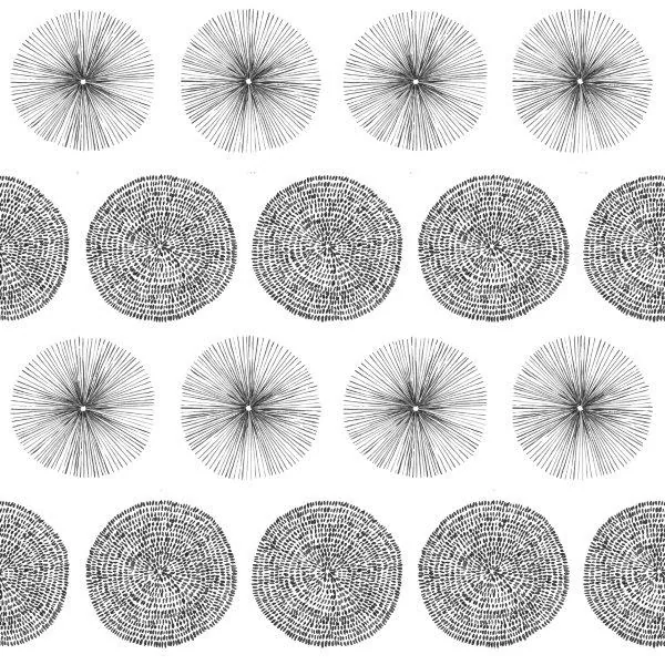 Repeating black and white pattern with alternating radiating circles and dotted mandala designs