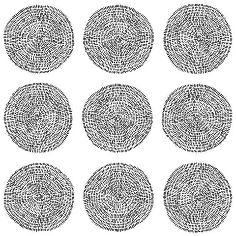Repeating pattern of nine black and white concentric circles with radiating linear details on white background