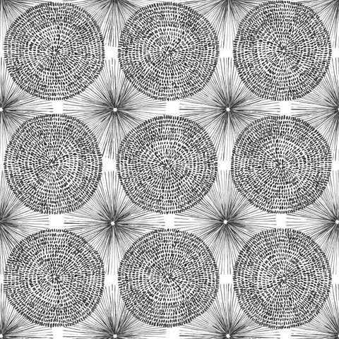 Repeating pattern of detailed black mandala circles with radiating line work on white background, arranged in a 3x3 grid